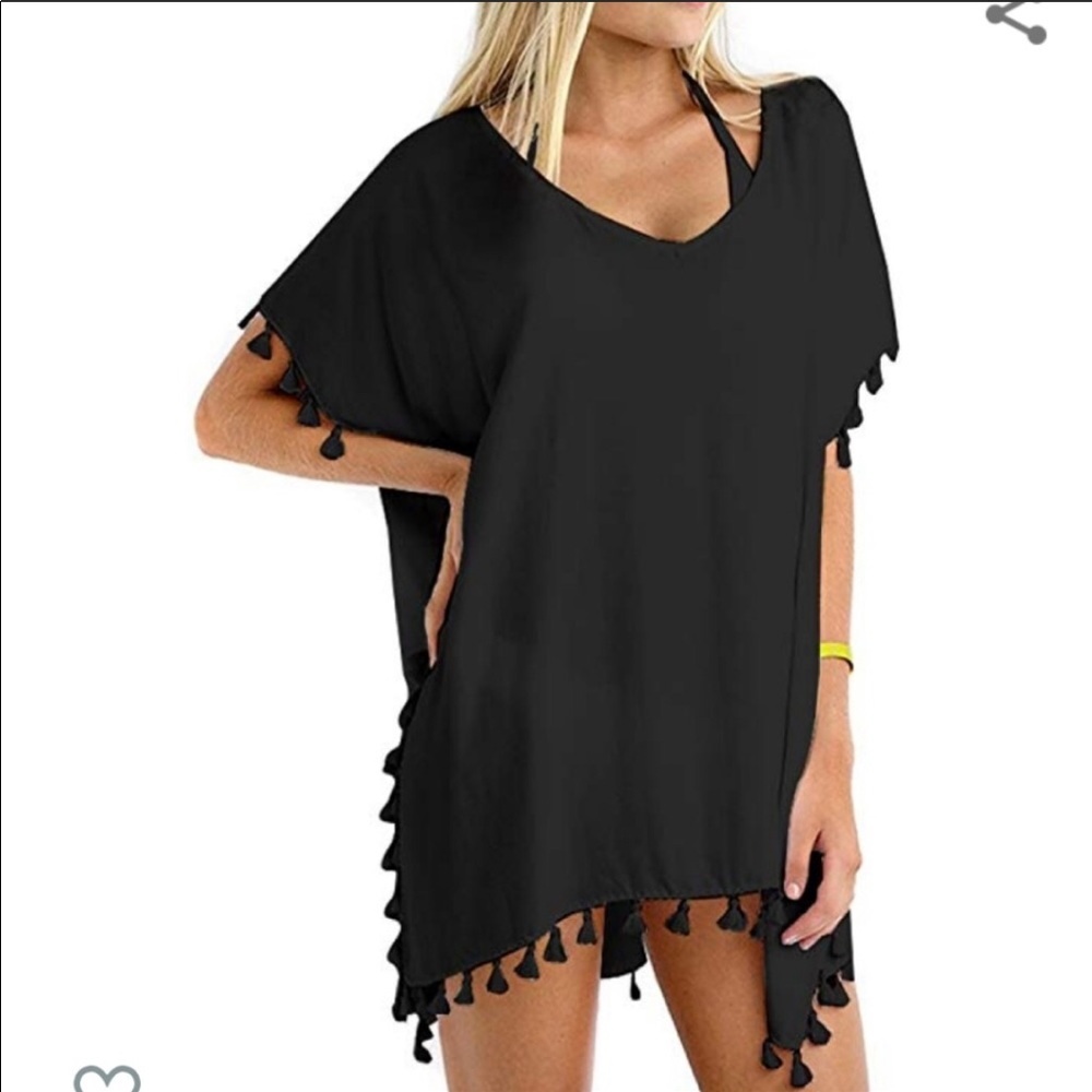 GDKEY black sheer cover up w/ white tassels Sz S/M